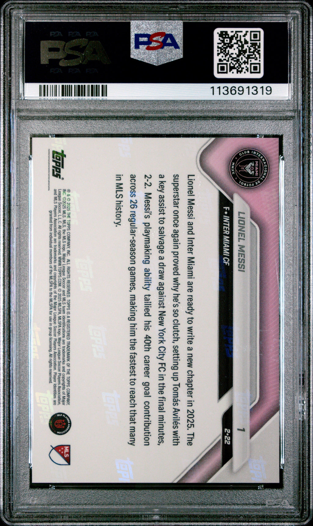 Graded 2025 Topps Now Lionel Messi #1 Fastest MLS Player to 40 Goal Contributions Soccer Card PSA 10 Gem Mint