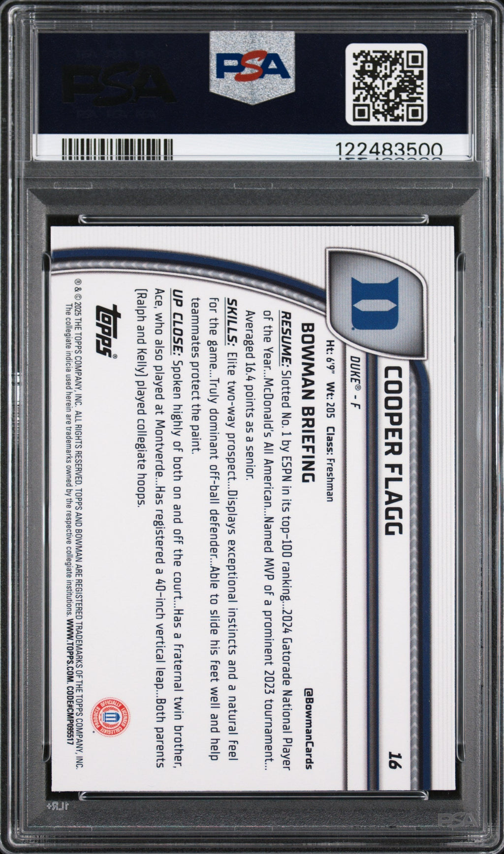 Graded 2024 Topps Bowman Chrome U Cooper Flagg #16 Purple Lava Rookie RC Basketball Card PSA 10 Gem Mint