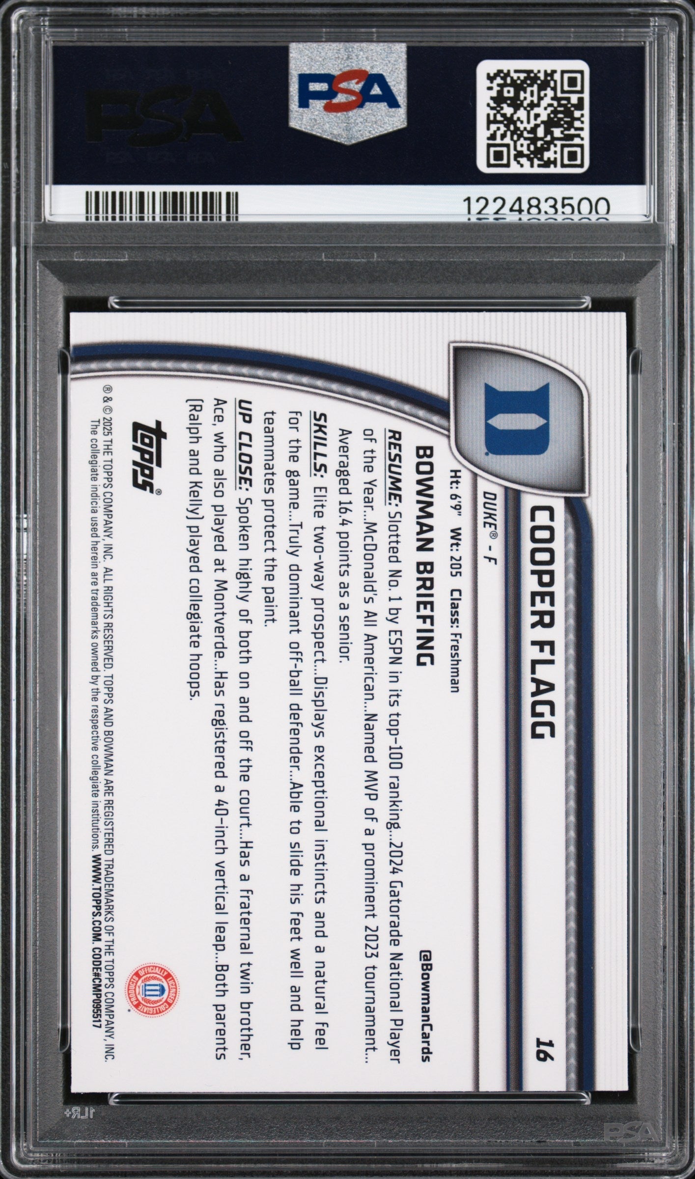 Graded 2024 Topps Bowman Chrome U Cooper Flagg #16 Purple Lava Rookie RC Basketball Card PSA 10 Gem Mint