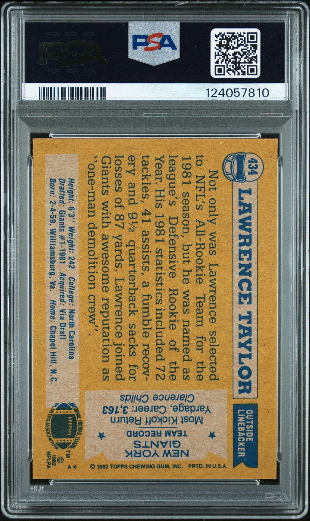Graded 1982 Topps Lawrence Taylor #434 Rookie RC Signed Football Card PSA 8 Card - Auto Grade Authentic