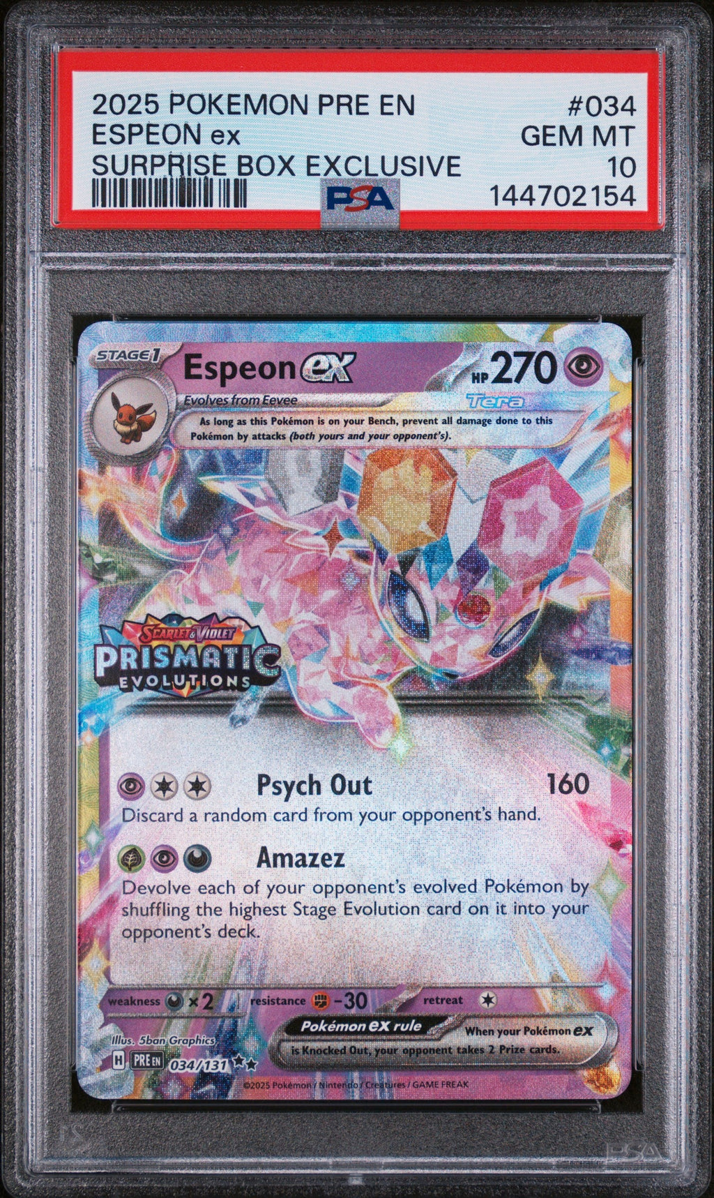 Graded 2025 PKM PRE EN Espeon Ex #034 Surprise Box Exclusive SBE Prismatic Evolutions Trading Card Game PSA 10 Gem Mint