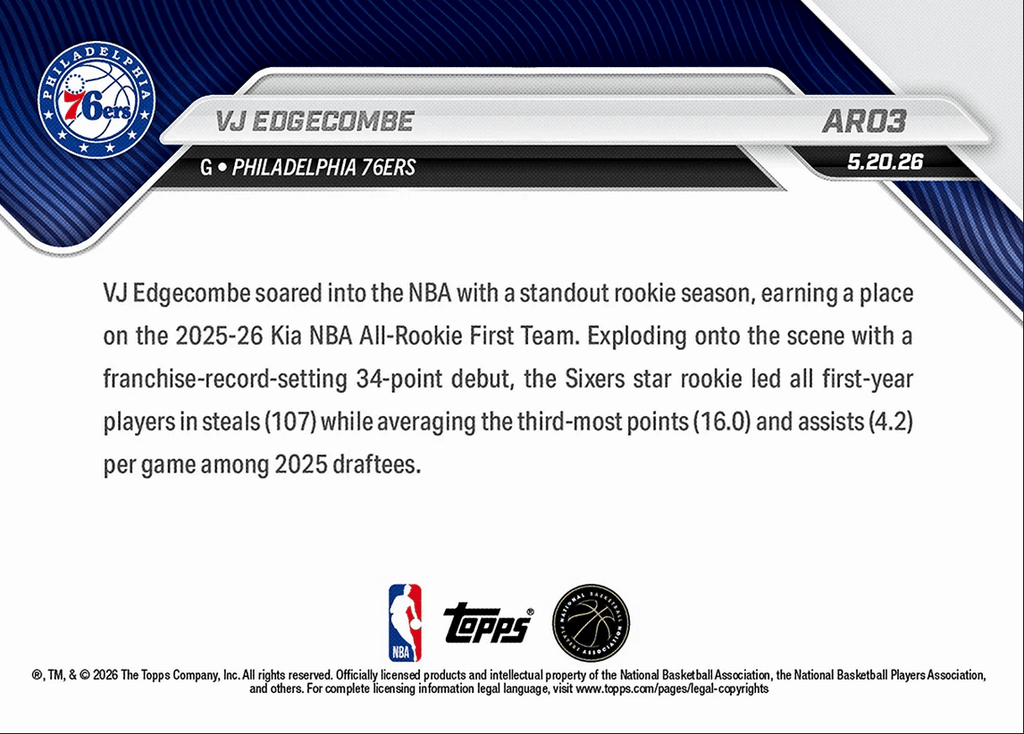 2025 Topps Now VJ Edgecombe #AR03 2025-26 KIA NBA All Rookie First Team Selection Philadelphia 76ers Rookie RC Basketball Card