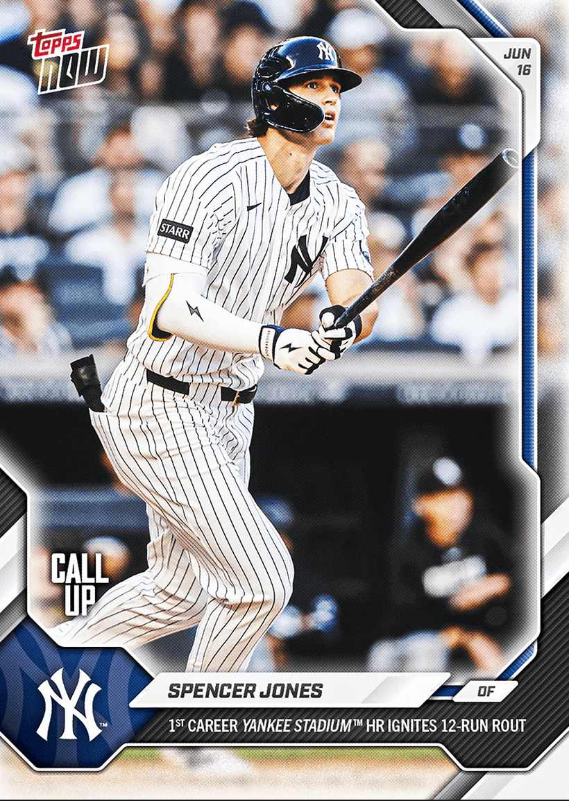 2026 Topps Now Spencer Jones #342 1st Career Yankee Stadium Home Run Ignites 12 Run Rout New York Yankees Rookie RC Baseball Card