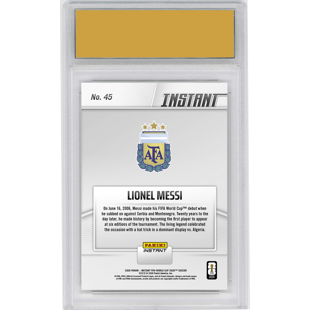 Graded 2026 Panini Instant FIFA World Cup Lionel Messi #45 Argentinian Ace Sharper Than Ever in Sixth Finals Argentina Soccer Card HOFSM 10 Gem Mint