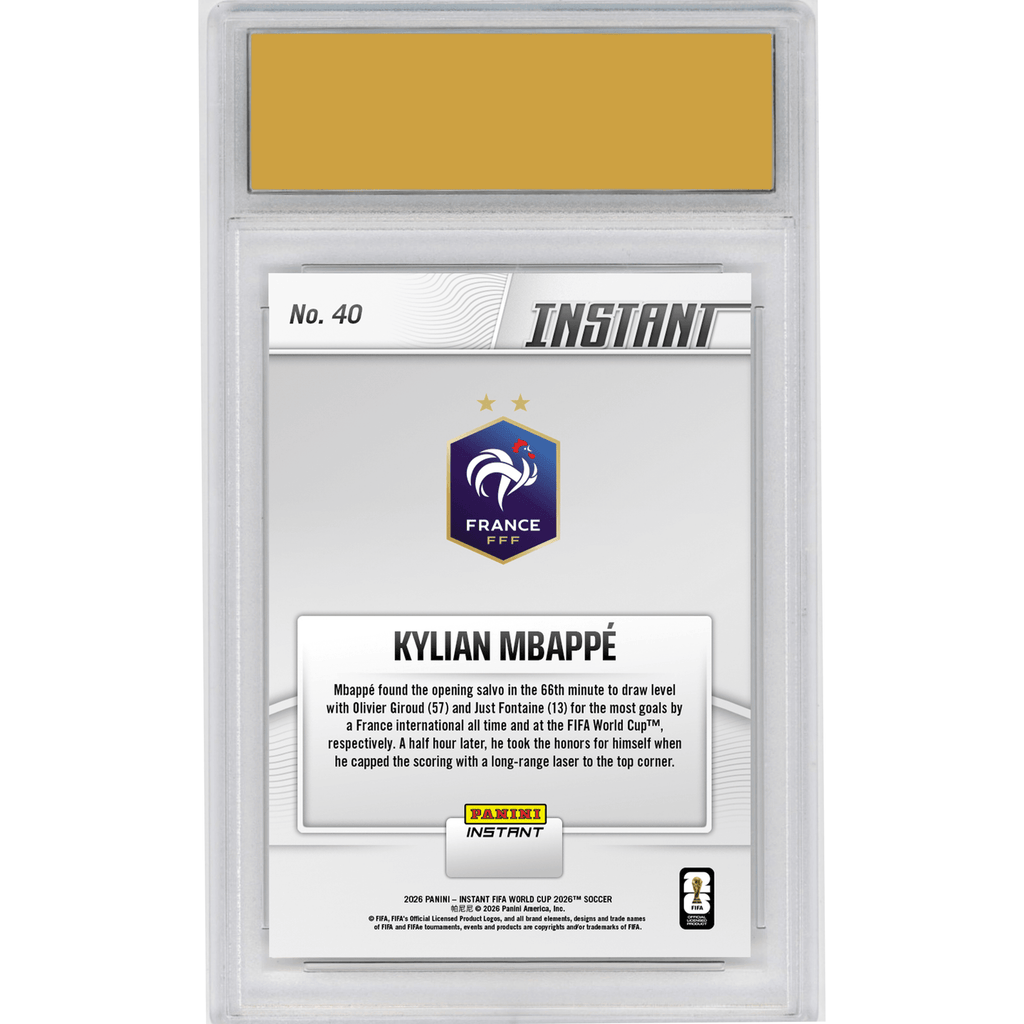 Graded 2026 Panini Instant FIFA World Cup Kylian Mbappe #40 Roi De France: Mbappe Takes Team Goals Crown France Soccer Card HOFSM 10 Gem Mint