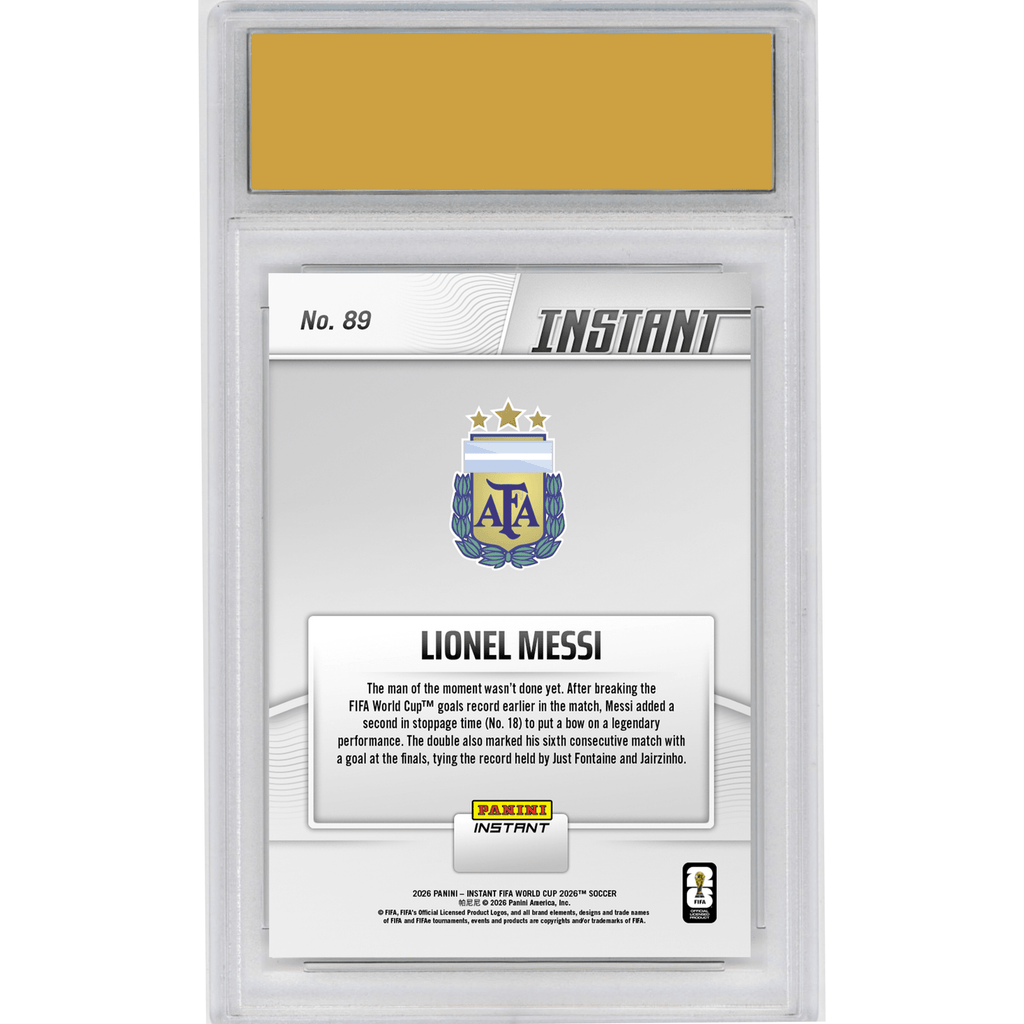 Graded 2026 Panini Instant FIFA World Cup Lionel Messi #89 Messi On Top of The World with Historic Double Argentina Soccer Card HOFSM 10 Gem Mint