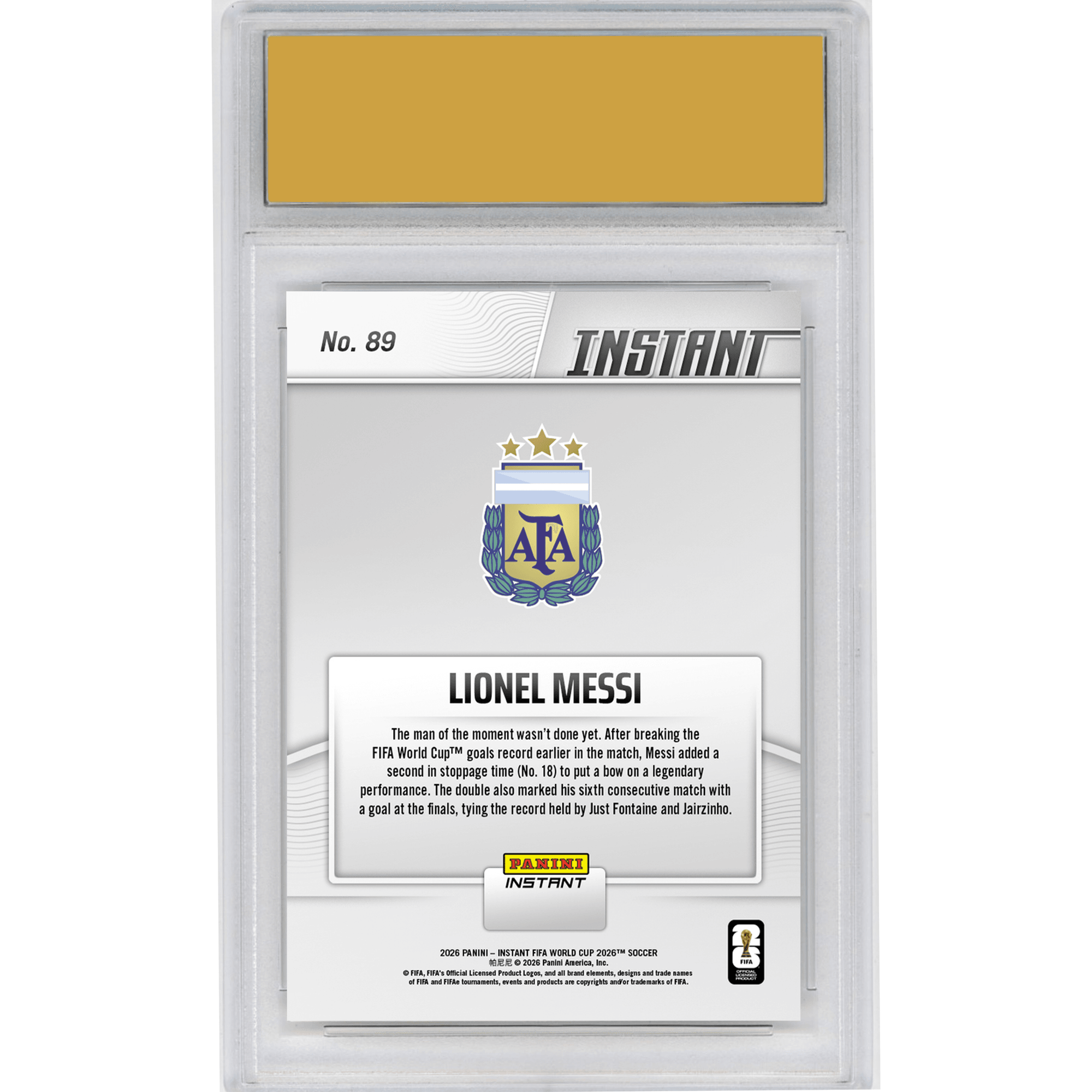 Graded 2026 Panini Instant FIFA World Cup Lionel Messi #89 Messi On Top of The World with Historic Double Argentina Soccer Card HOFSM 10 Gem Mint