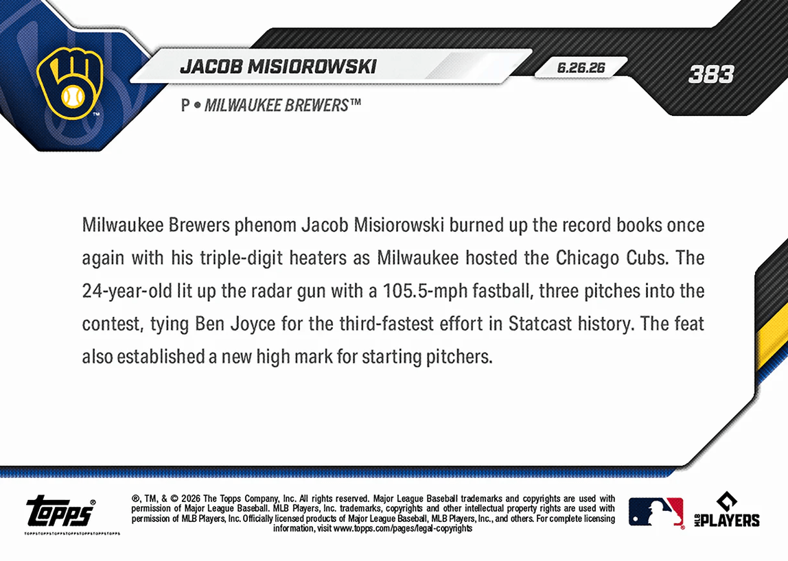 2026 Topps Now Jacob Misiorowski #383 105.5MPH Heater Scorches MLB Record Books Milwaukee Brewers Rookie RC Baseball Card
