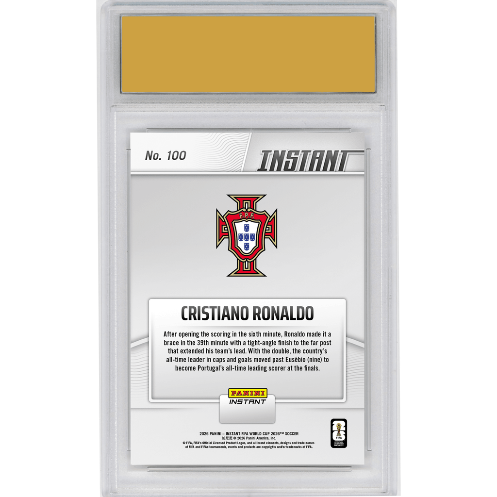 Graded 2026 Panini Instant FIFA World Cup Cristiano Ronaldo #100 Ronaldo Double Takes Him Past Portugal Legend Portugal Soccer Card HOFSM 10 Gem Mint