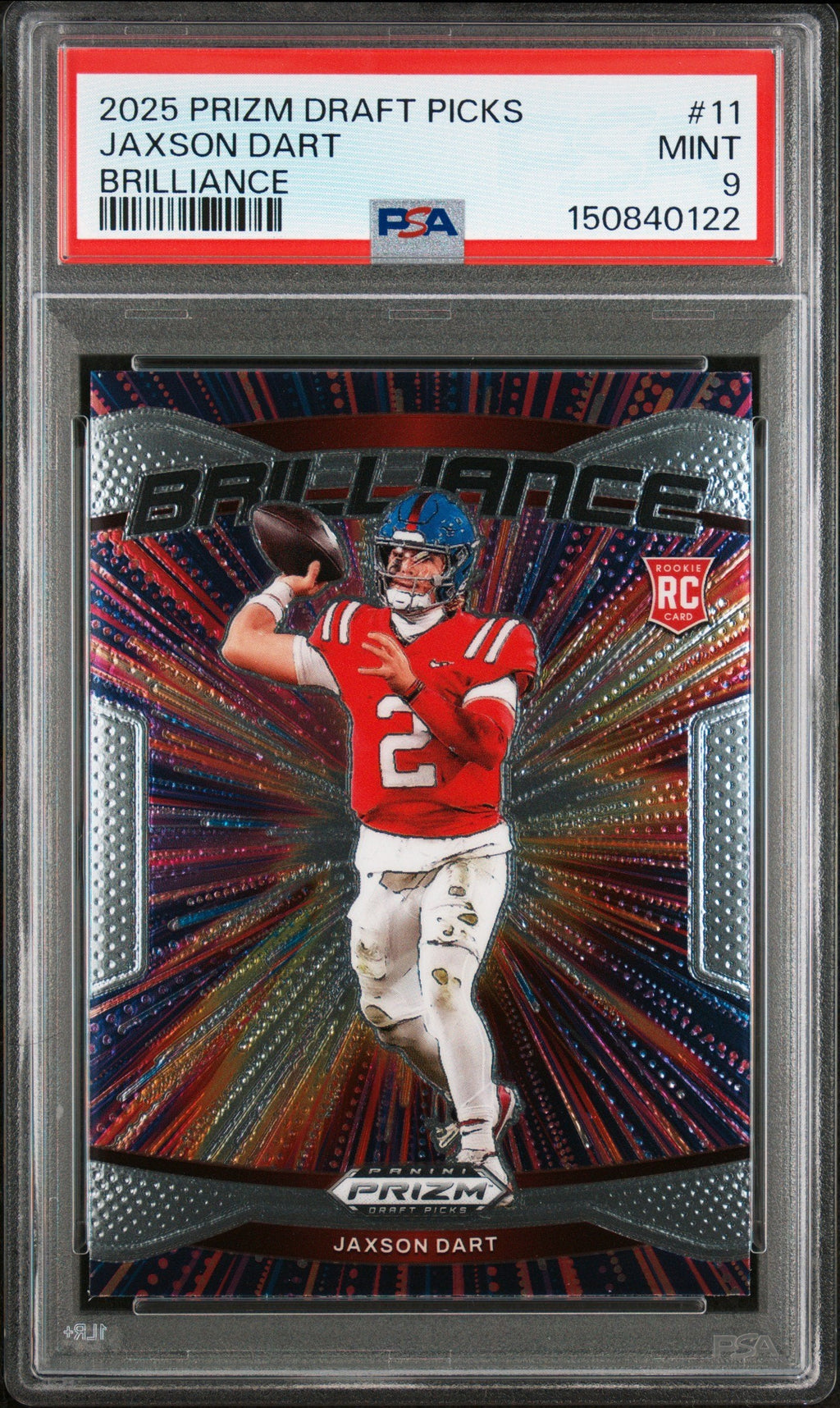 Graded 2025 Panini Prizm Draft Picks Jaxson Dart #11 Brilliance Rookie RC Football Card PSA 9 Mint