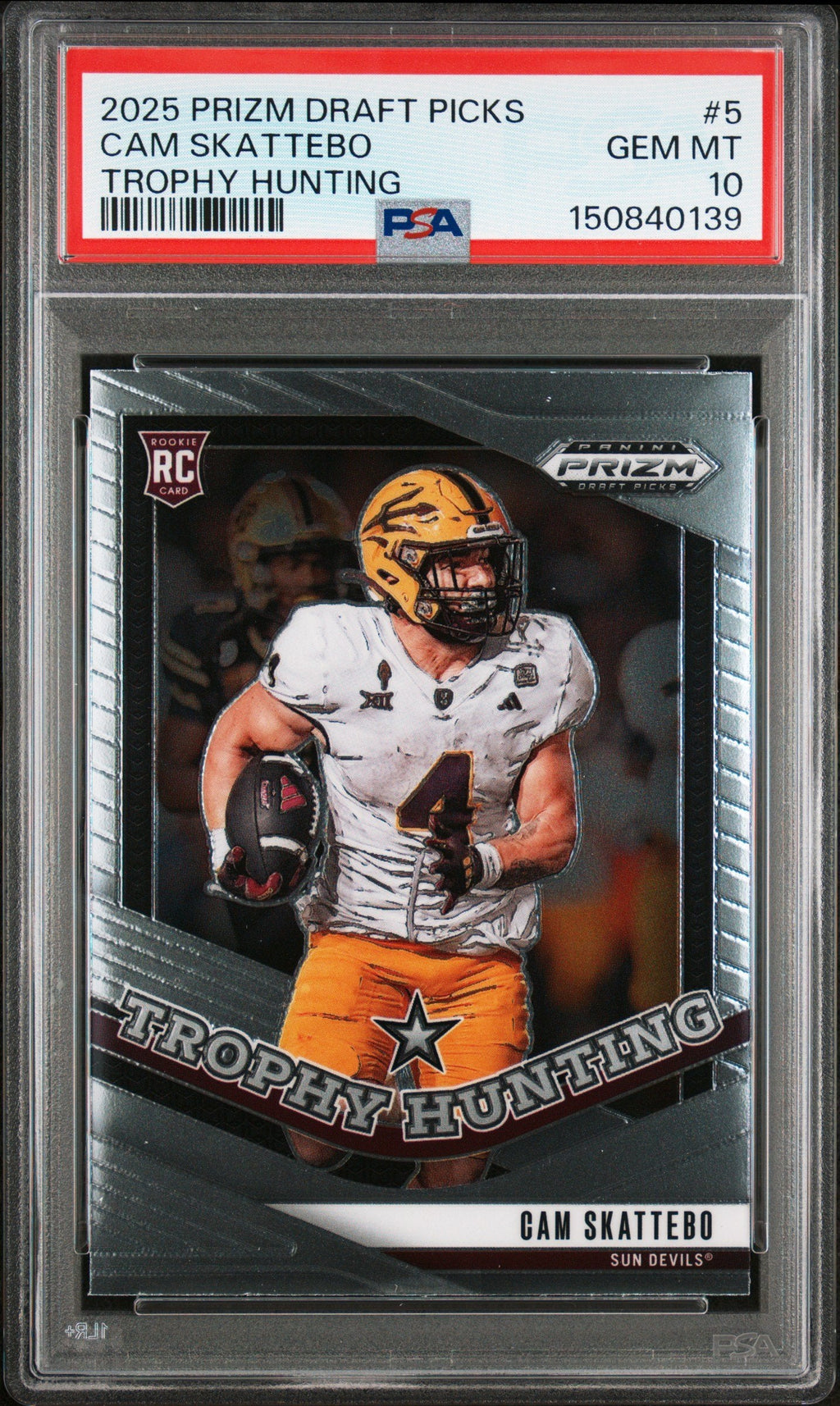 Graded 2025 Panini Prizm Draft Picks Cam Skattebo #5 Trophy Hunting Rookie RC Football Card PSA 10 Gem Mint