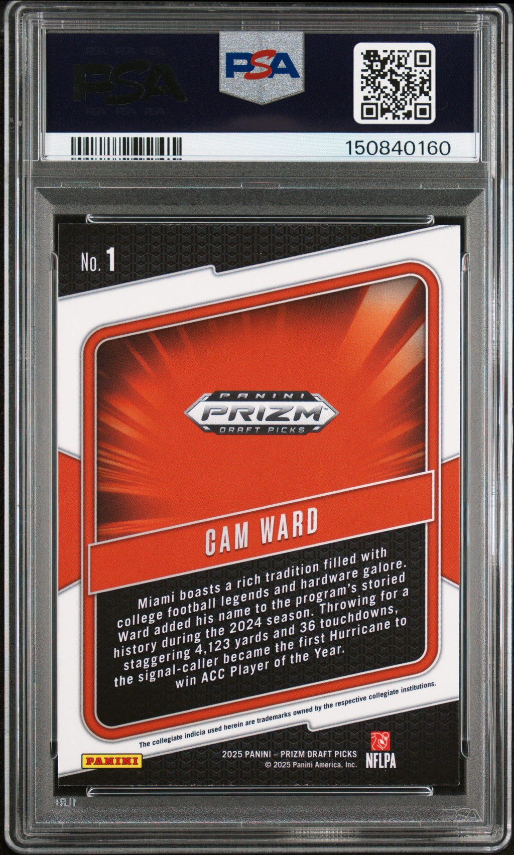 Graded 2025 Panini Prizm Draft Picks Cam Ward #1 Hype Rookie RC Football Card PSA 10 Gem Mint