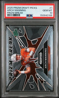 Graded 2025 Panini Prizm Draft Picks Arch Manning #1 Prizm Break Rookie RC Football Card PSA 10 Gem Mint