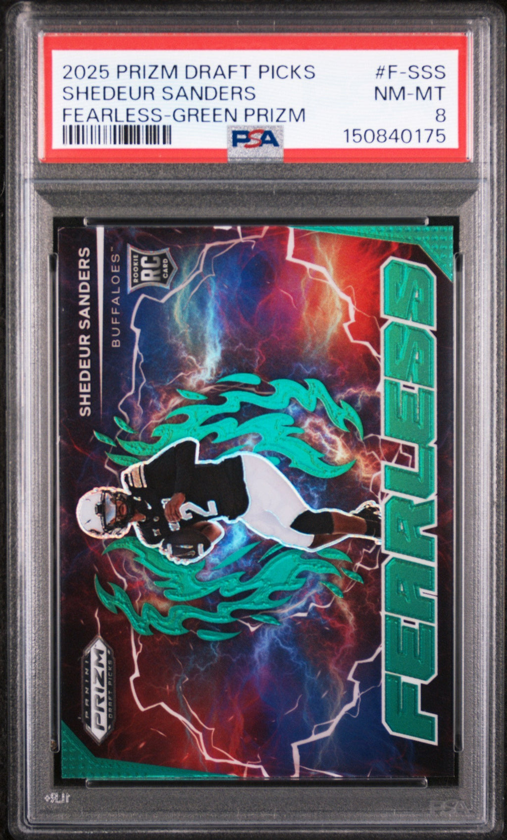 Graded 2025 Panini Prizm Draft Picks Shedeur Sanders #FSSS Fearless Green Rookie RC Football Card PSA 8 Near Mint