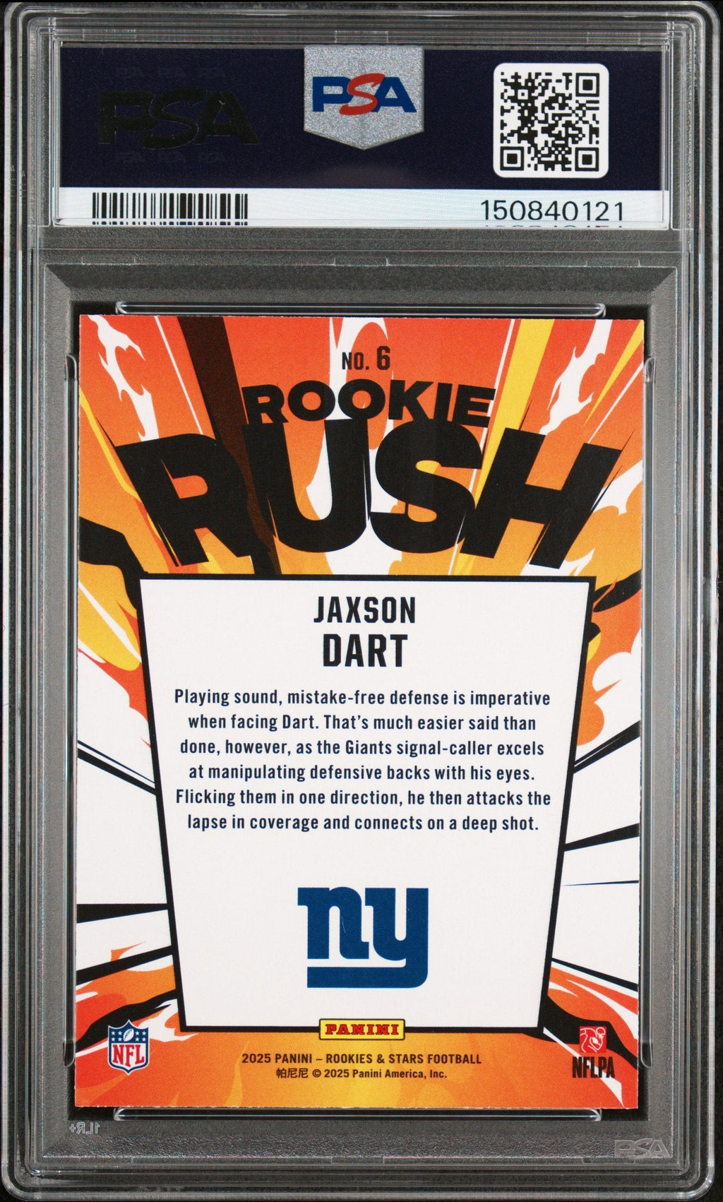 Graded 2025 Panini Rookies & Stars Jaxson Dart #6 Rookie Rush Rookie RC Football Card PSA 10 Gem Mint