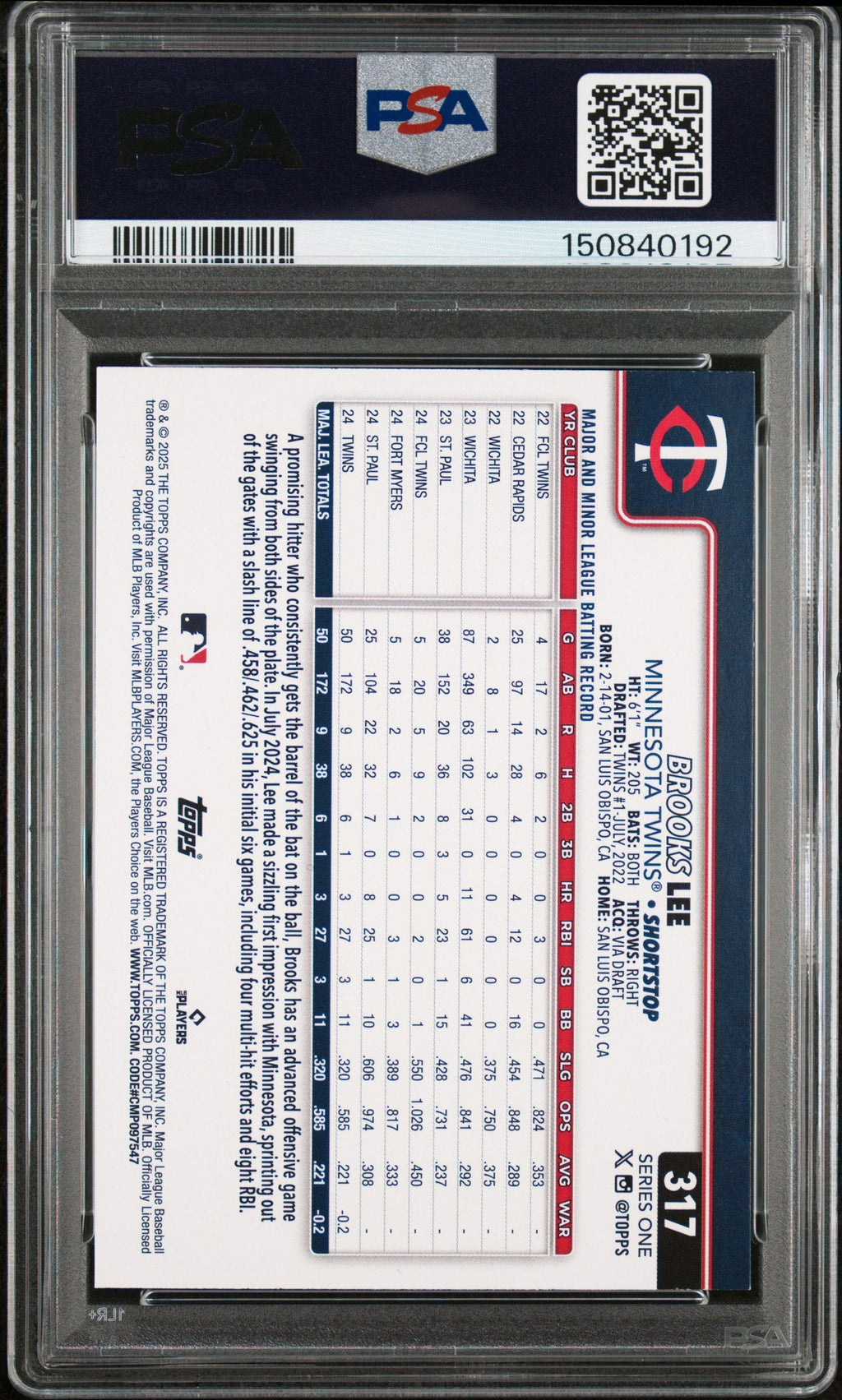 Graded 2025 Topps Brooks Lee #317 Rookie RC Baseball Card PSA 8 Near Mint