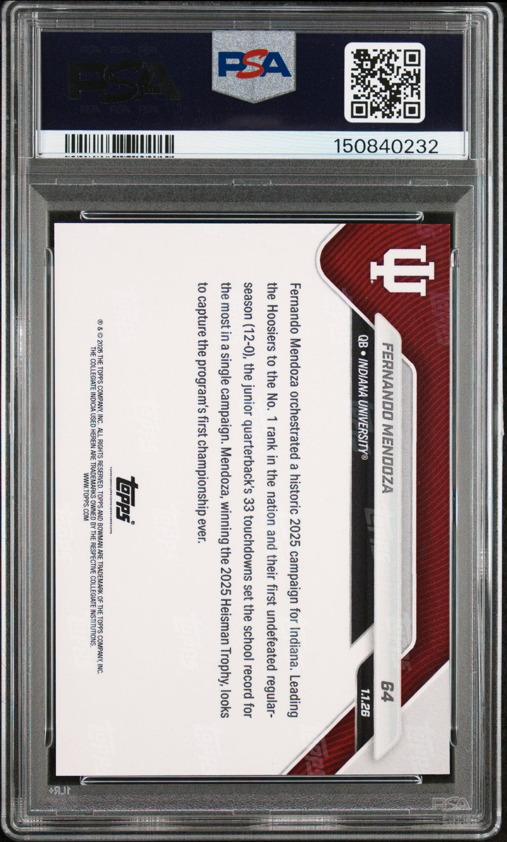 Graded 2025 Topps Bowman U Now Fernando Mendoza #64 Rookie RC Football Card PSA 10 Gem Mint