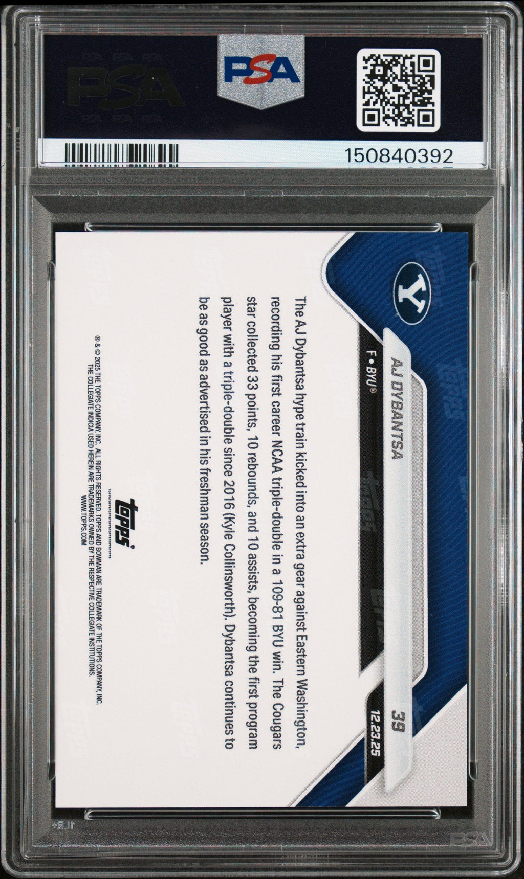 Graded 2025 Topps Bowman U Now AJ Dybantsa #39 Rookie RC Basketball Card PSA 9 Mint