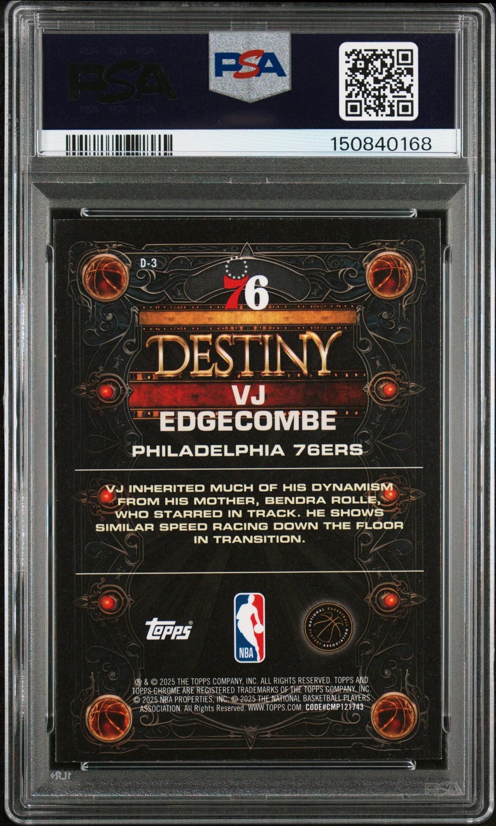 Graded 2025 Topps Chrome VJ Edgecombe #D3 Destiny Rookie RC Basketball Card PSA 9 Mint