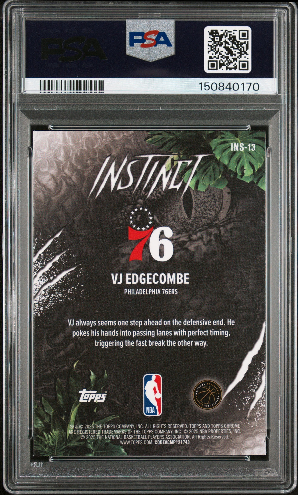 Graded 2025 Topps Chrome VJ Edgecombe #INS13 Instinct Rookie RC Basketball Card PSA 9 Mint