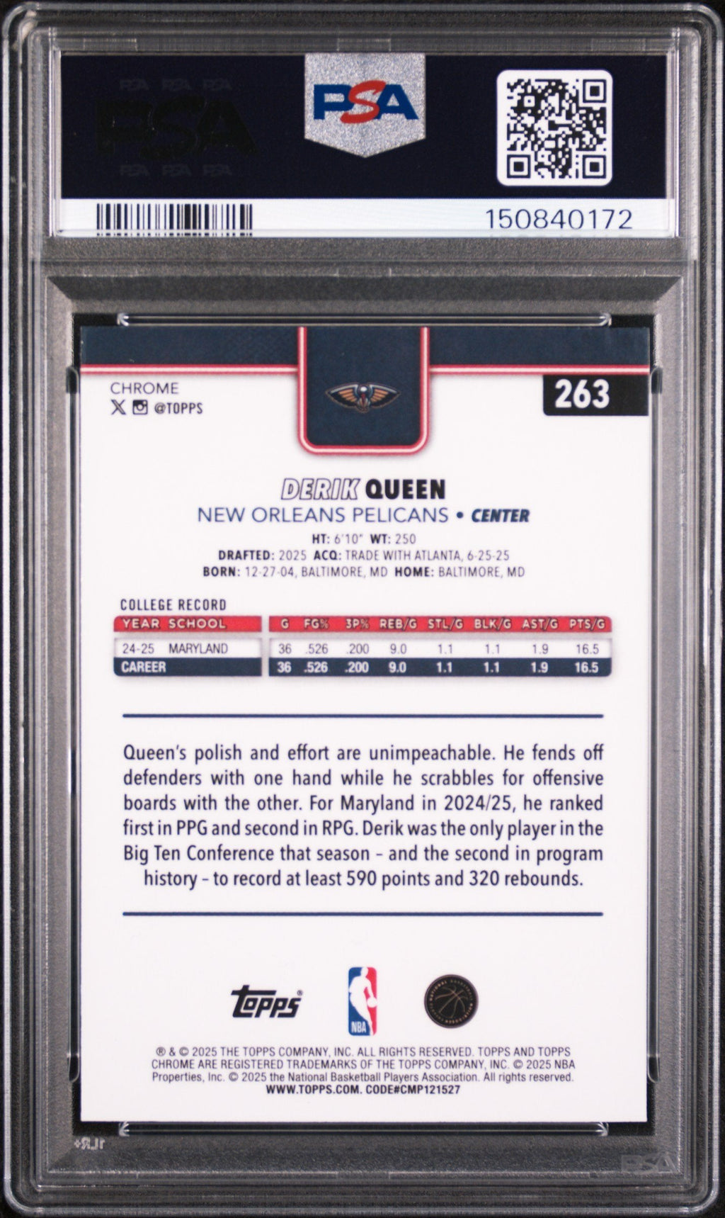 Graded 2025 Topps Chrome Derik Queen #263 Rookie RC Basketball Card PSA 10 Gem Mint