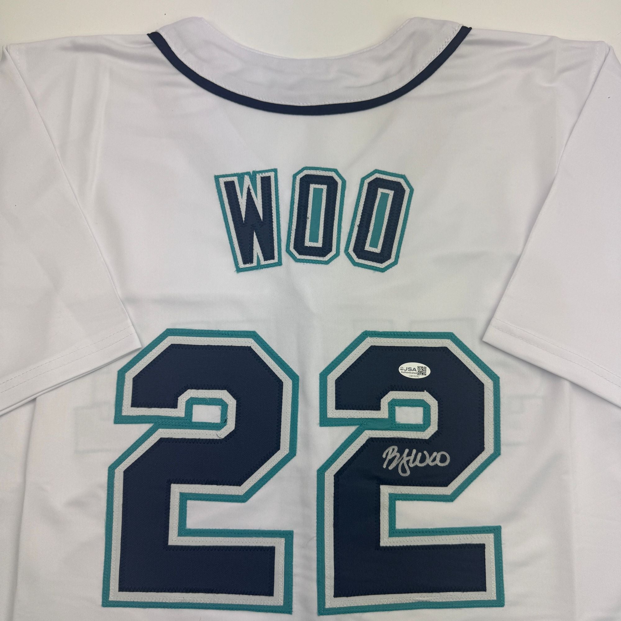 Autographed/Signed Bryan Woo Seattle White Baseball Jersey JSA COA