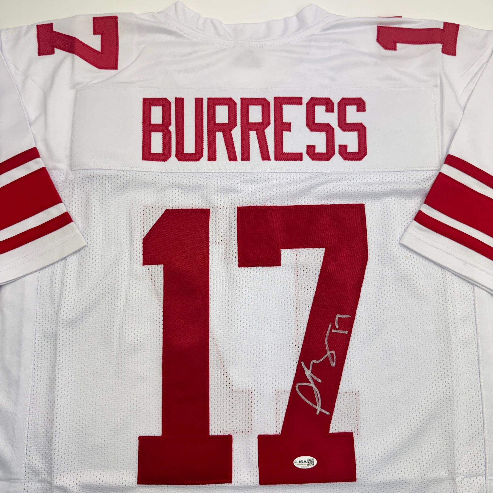 Autographed/Signed Plaxico Burress New York White Football Jersey JSA COA
