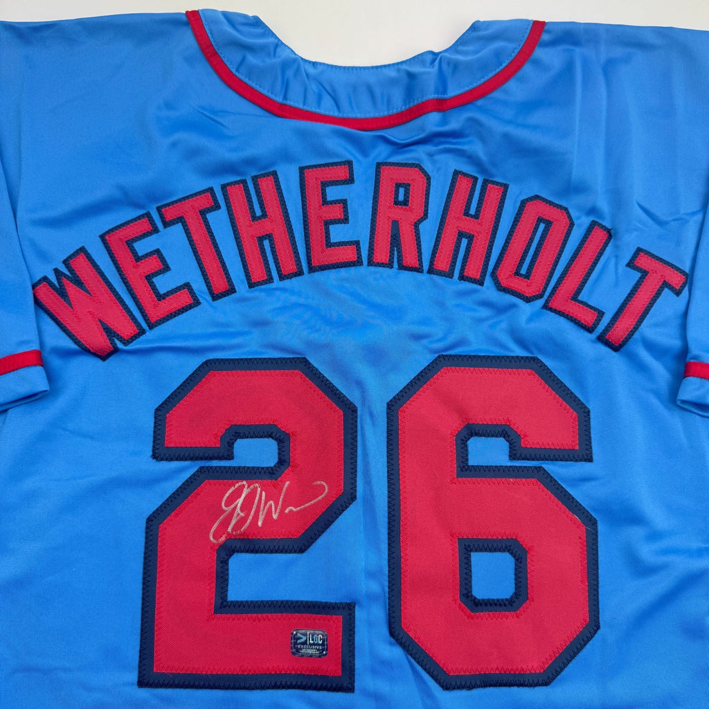 Autographed/Signed J.J. JJ Wetherholt St. Louis Blue Baseball Jersey LCG Prova COA