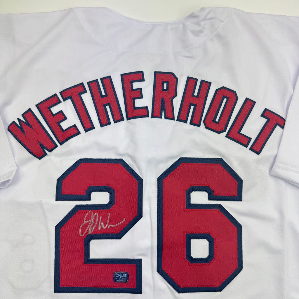 Autographed/Signed J.J. JJ Wetherholt St. Louis White Baseball Jersey LCG Prova COA