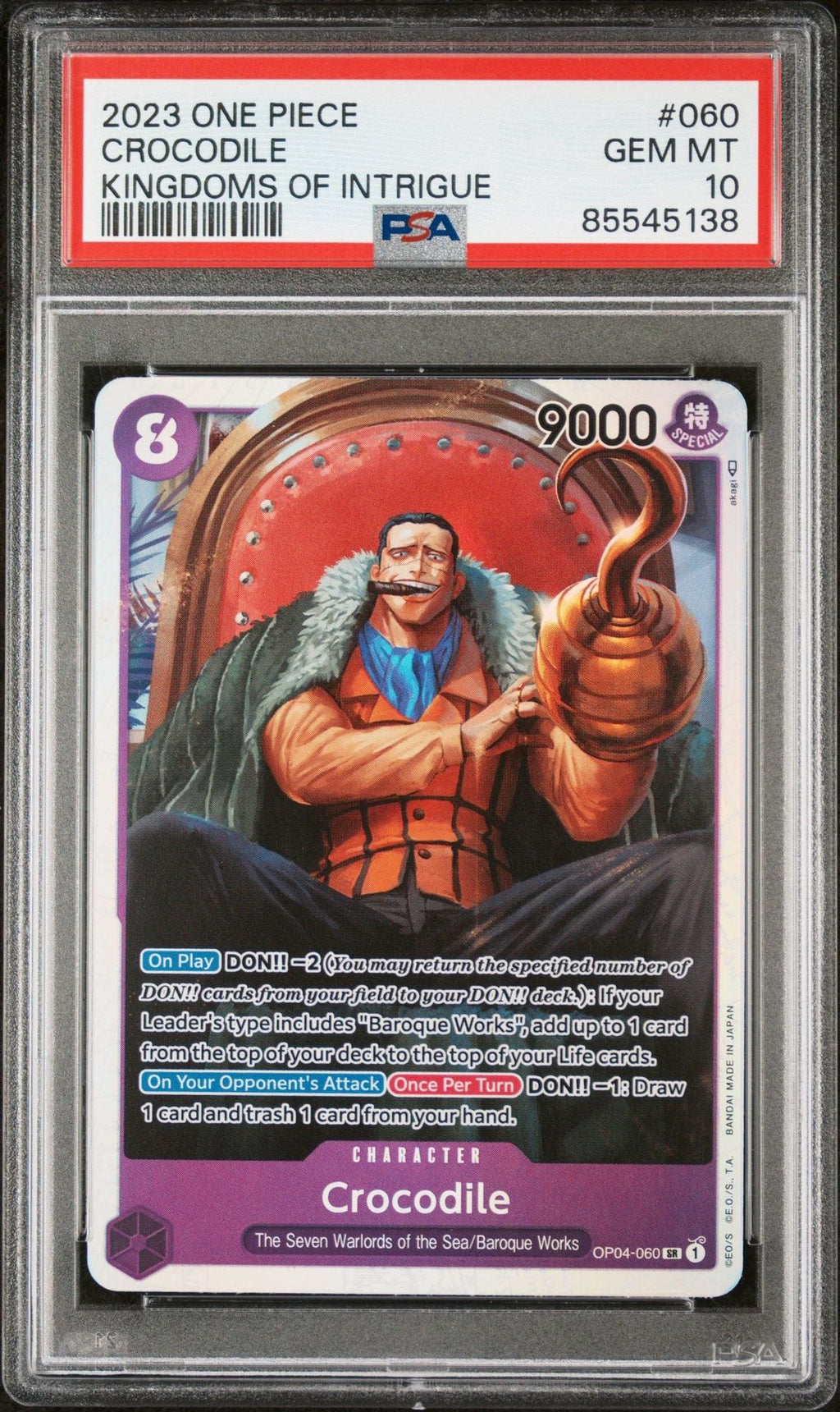 Graded 2023 One Piece Crocodile #060 OP04 Trading Card Game PSA 10 Gem Mint