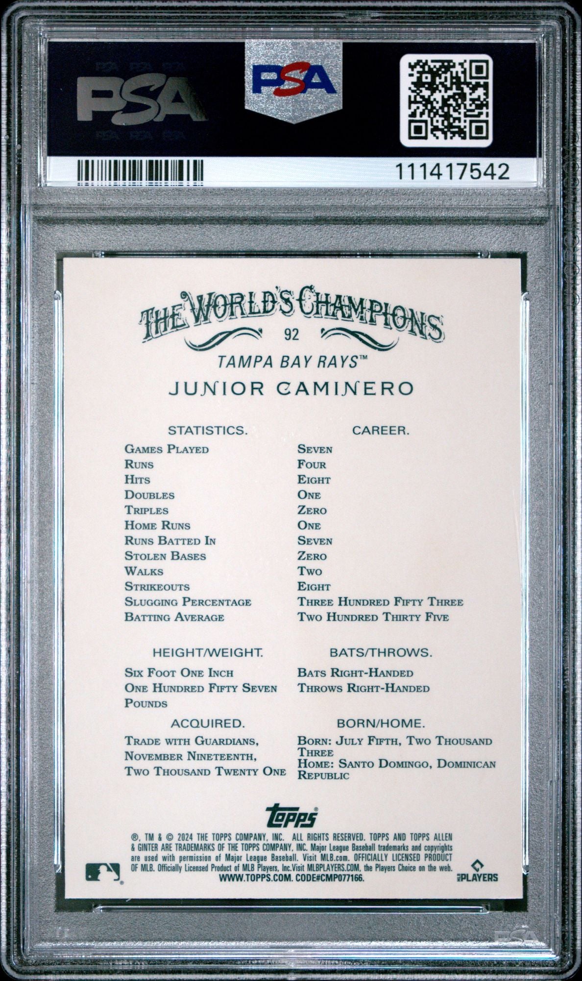 Graded 2024 Topps Allen & Ginter Junior Caminero #92 Chrome Rookie RC Baseball Card PSA 10 Gem Mint