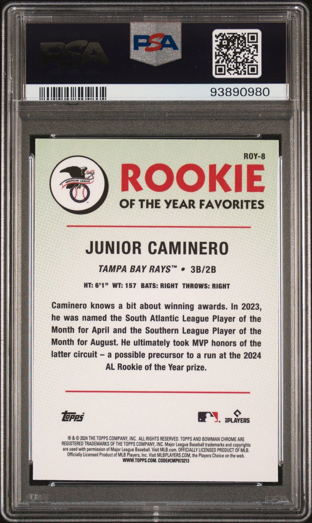 Graded 2024 Topps Bowman Chrome Junior Caminero #ROY8 Rookie of the Year Favorite RC Baseball Card PSA 10 Gem Mint