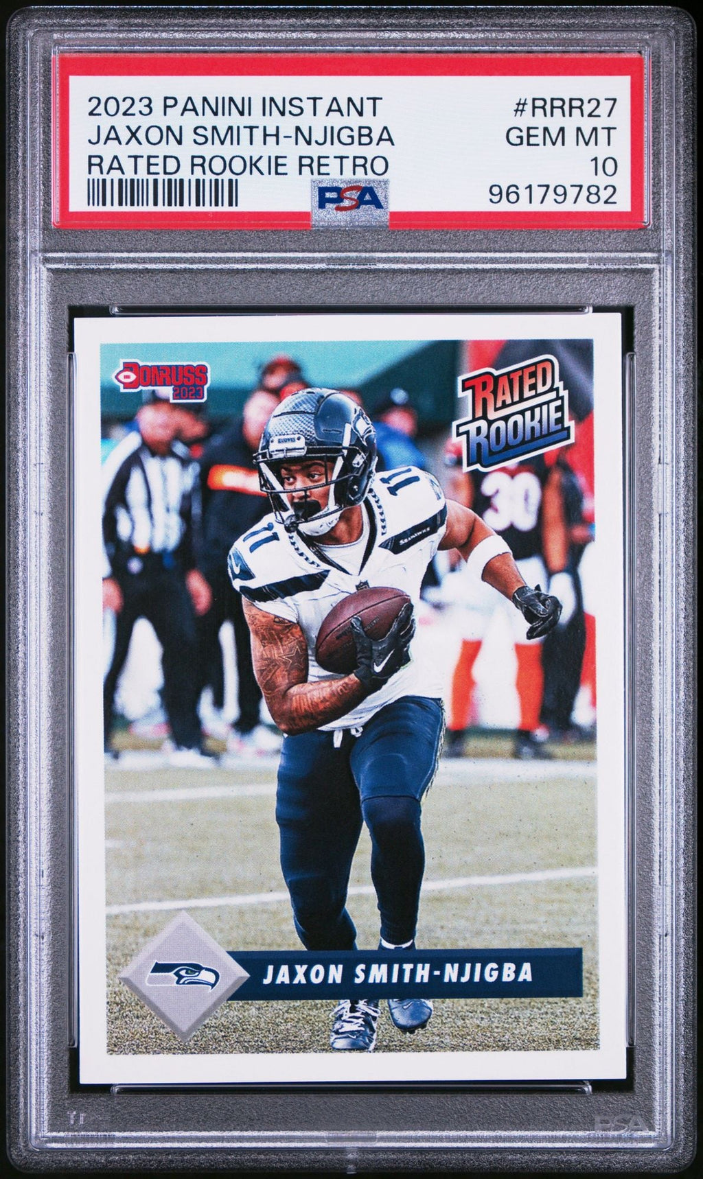 Graded 2023 Panini Instant Jaxon Smith Njigba #RRR27 Rated Rookie Retro RC Football Card PSA 10 Gem Mint