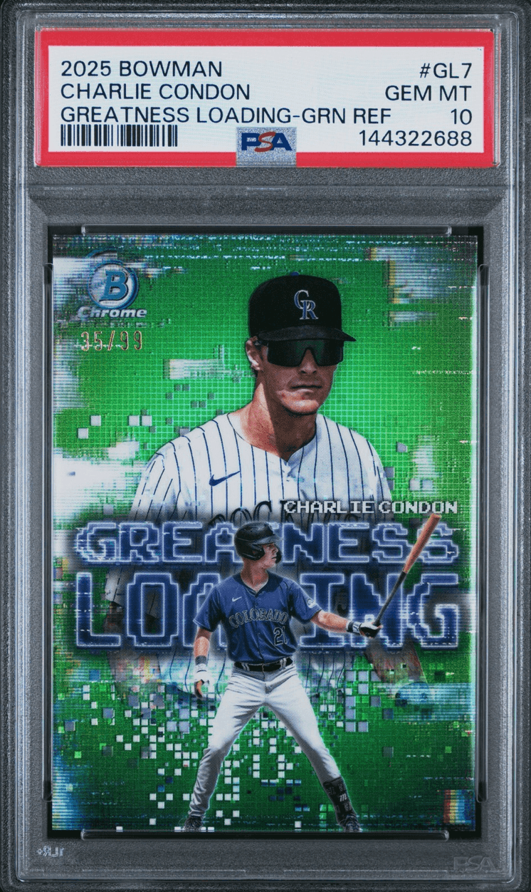Graded 2025 Topps Bowman Charlie Condon #GL7 Greatness Loading Green Refractor /99 Rookie RC Baseball Card PSA 10 Gem Mint