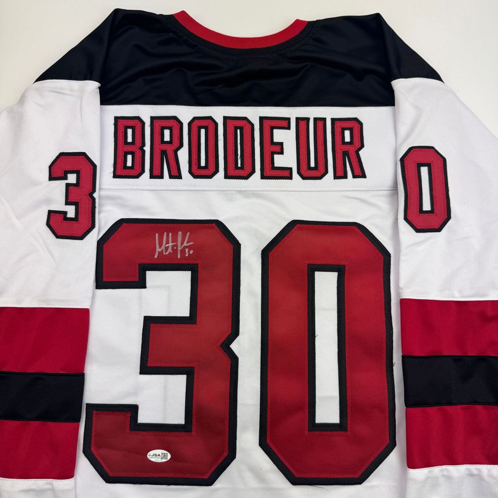 Autographed/Signed Martin Brodeur New Jersey NJ White Hockey Jersey Beckett BAS COA