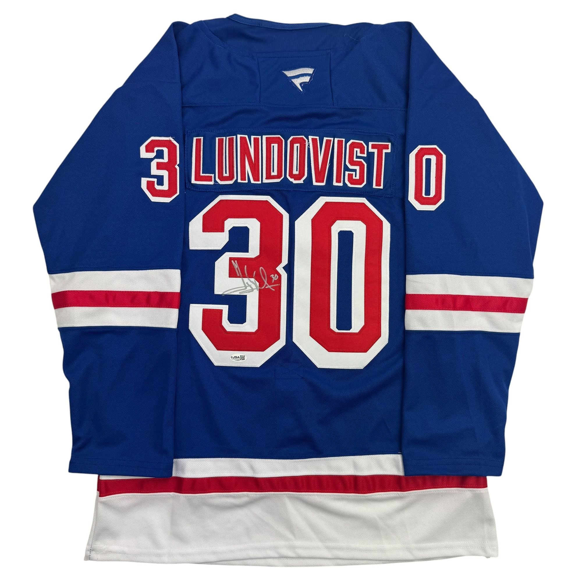 Autographed/Signed Henrik Lundqvist New York Blue Hockey Jersey JSA COA