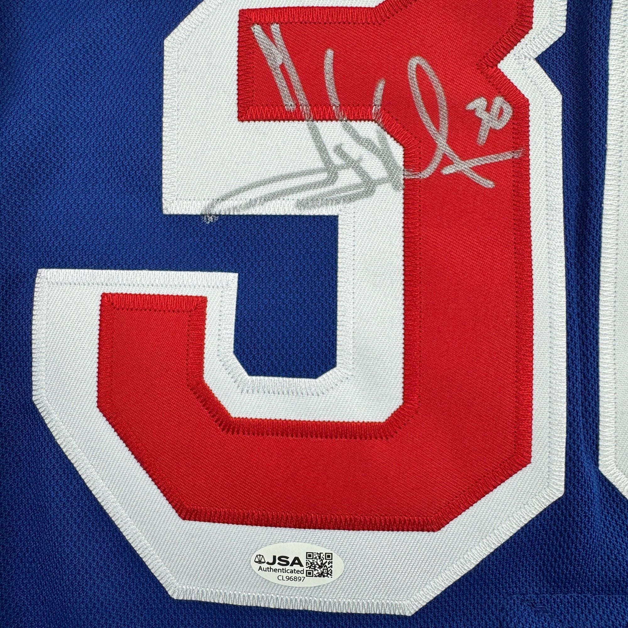 Autographed/Signed Henrik Lundqvist New York Blue Hockey Jersey JSA COA