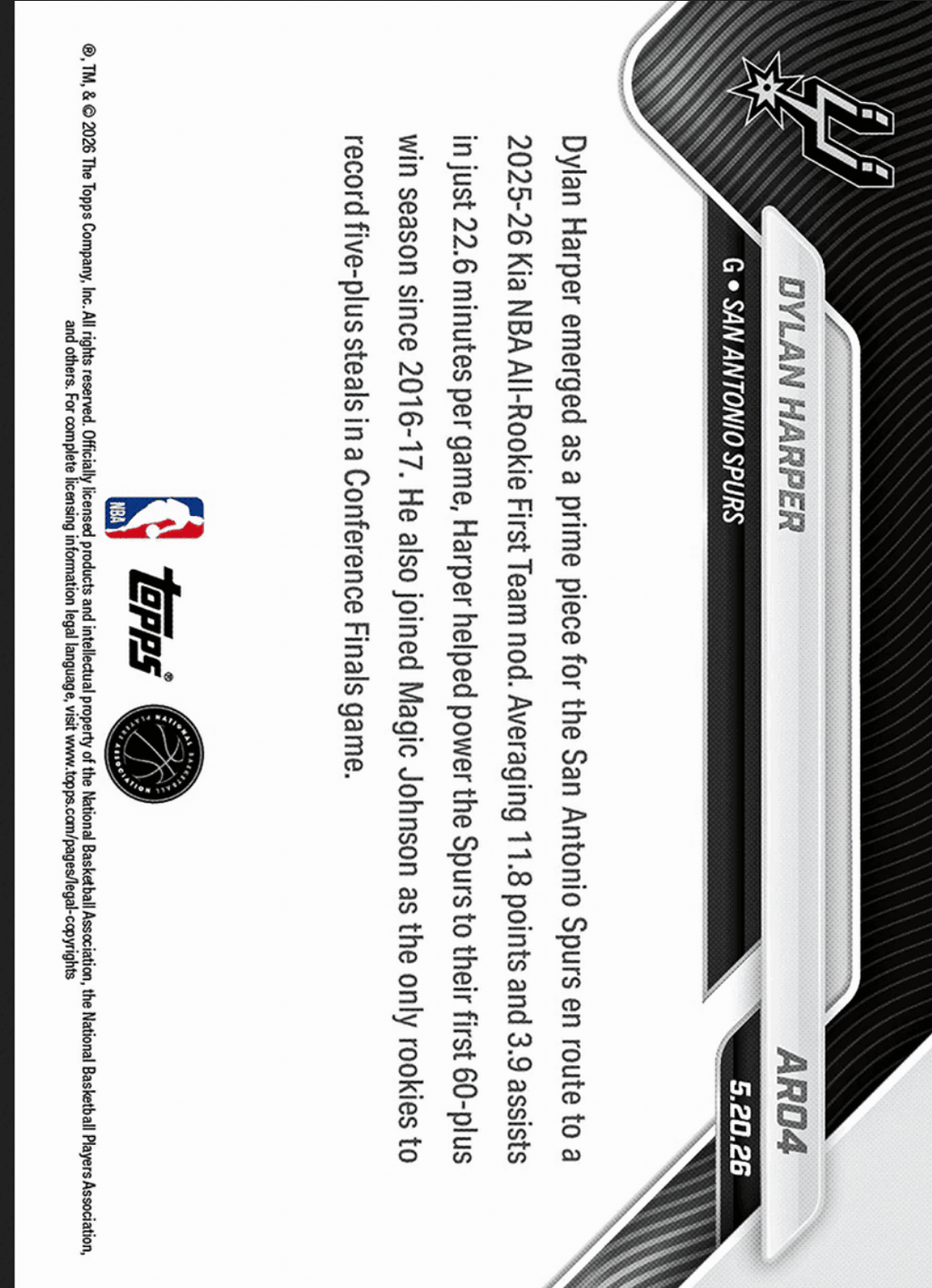 2025 Topps Now Dylan Harper #AR04 Gold Foil /50 2025-26 KIA NBA All Rookie First Team Selection San Antonio Spurs Rookie RC Basketball Card