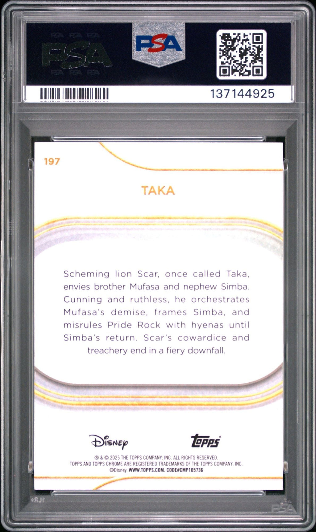 Graded 2025 Topps Chrome Disney Taka #197 Green Refractor /99 The Lion King Live Action Rookie RC Debut Card PSA 10 Gem Mint