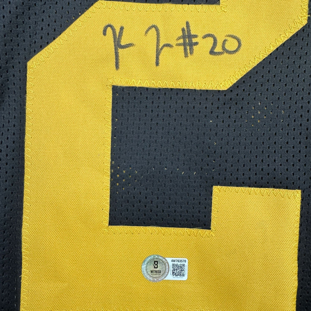 Autographed/Signed Kaleb Johnson Pittsburgh Black Color Rush Football Jersey Beckett BAS COA