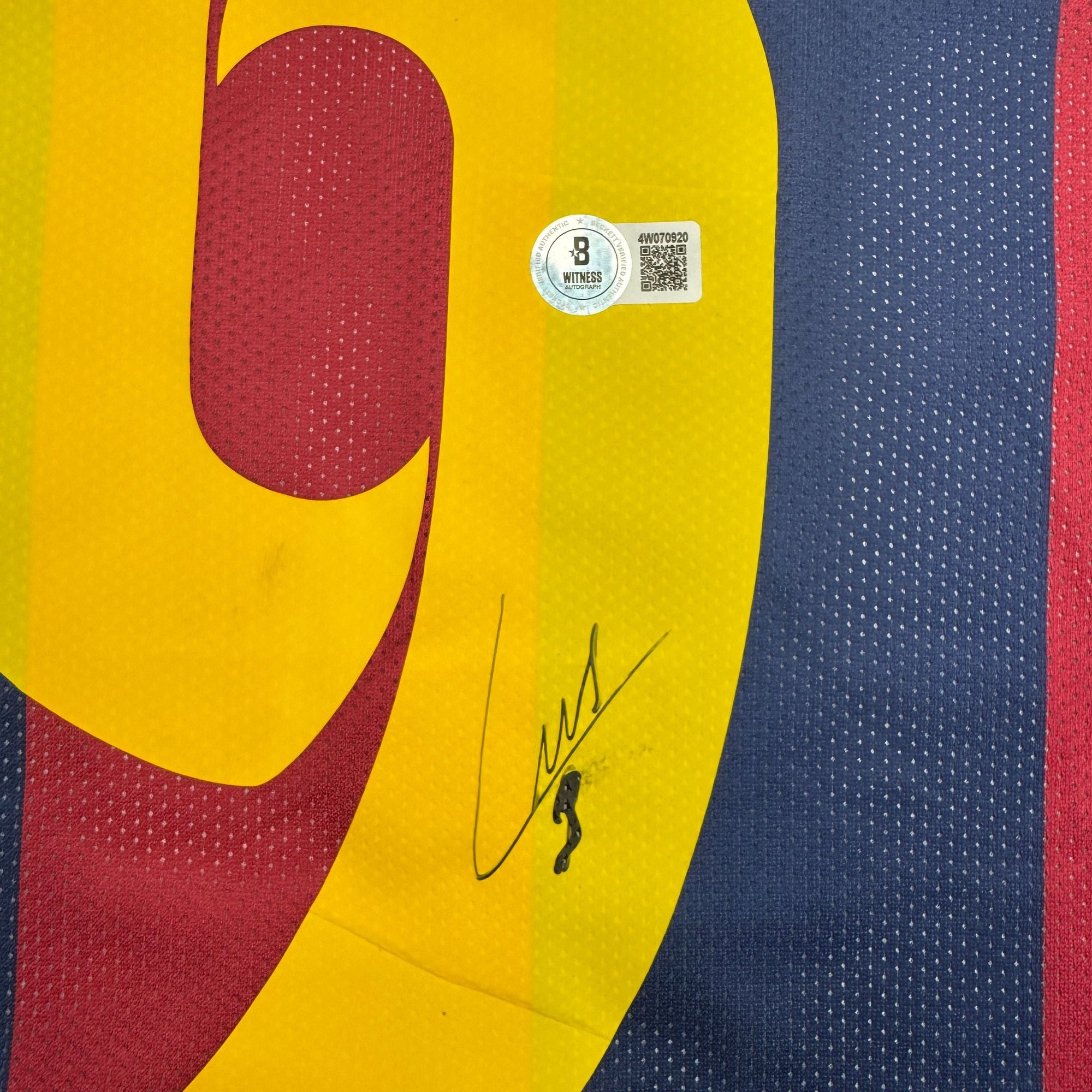 Autographed/Signed Luis Suarez FC Barcelona Blue/Red Soccer Futbol Jersey Beckett BAS COA