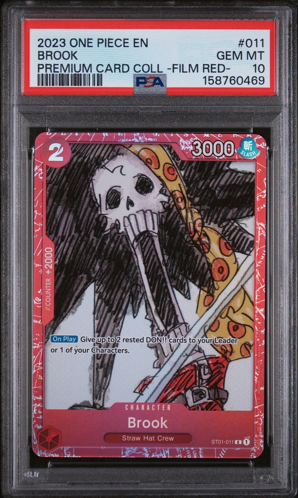 Graded 2023 One Piece Brook #011 ST01 Premium Card Collection Film Red Trading Card Game PSA 10 Gem Mint
