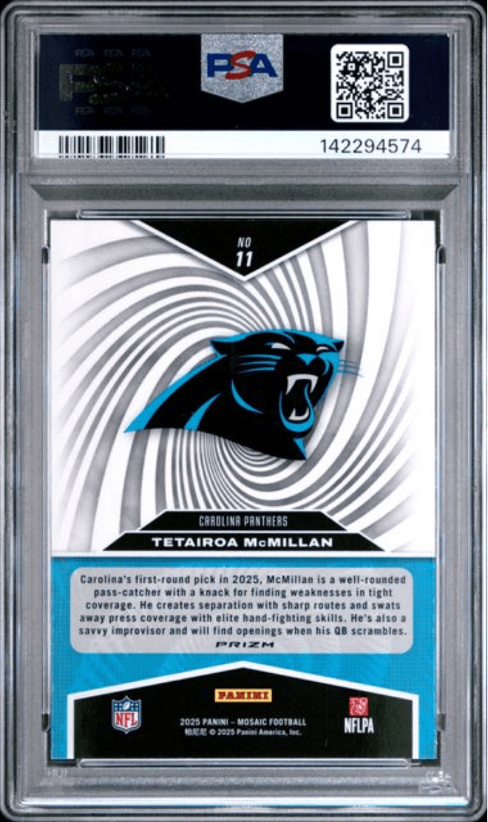 Graded 2025 Panini Mosaic Tetairoa McMillan #11 Storm Mosaic Rookie RC Football Card PSA 10 Gem Mint