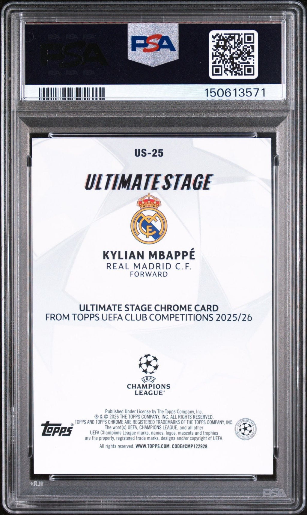 Graded 2025 Topps UCC Kylian Mbappe #US-25 Ultimate Stage Chrome Soccer Card PSA 10 Gem Mint