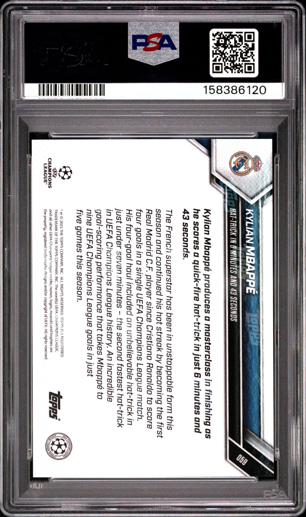Graded 2025 Topps Now UCL Kylian Mbappe #59 UEFA Champions League Hat-Trick in 6 Minutes Soccer Card PSA 10 Gem Mint