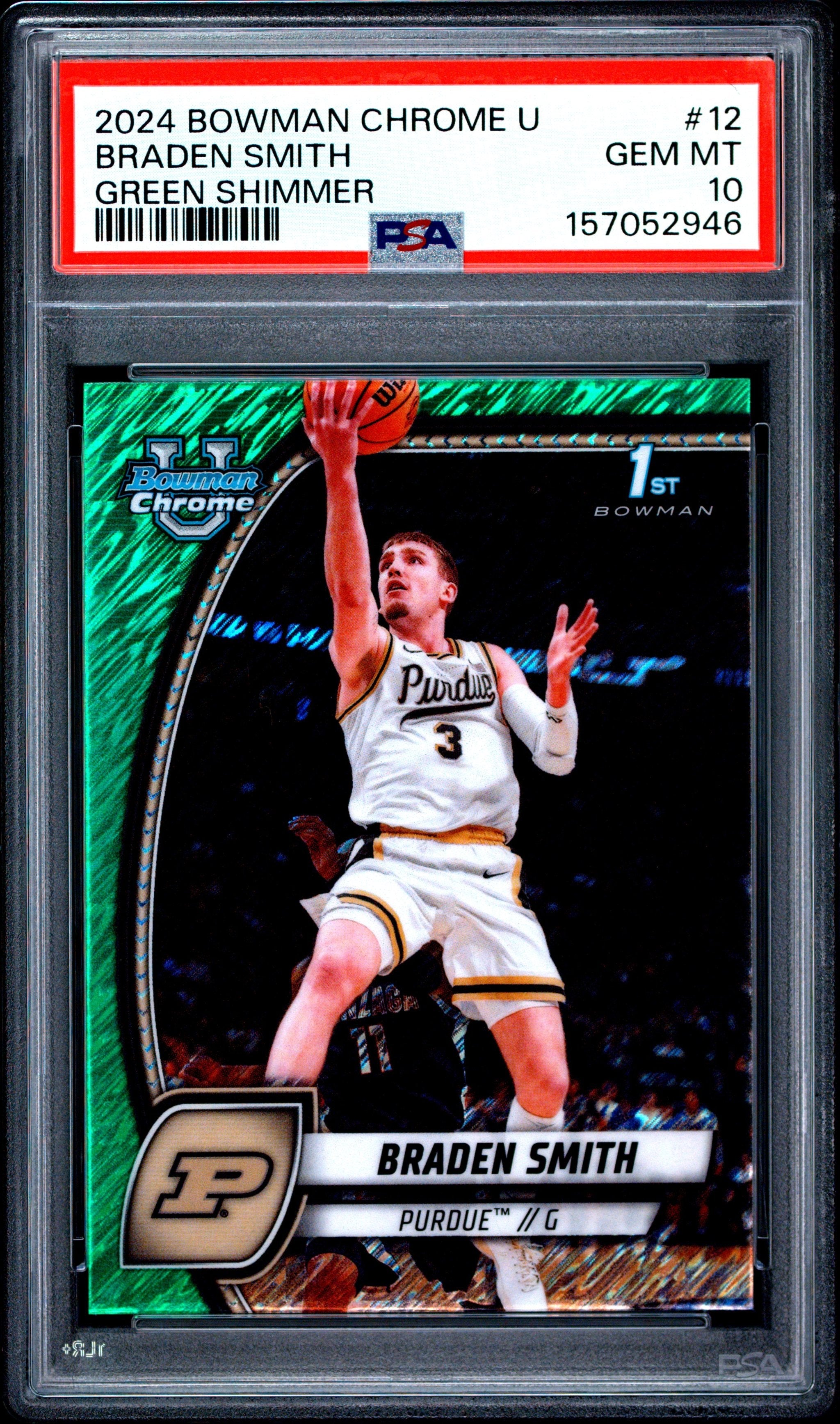 Graded 2024 Bowman University Chrome Braden Smith #12 Green Shimmer Refractor Rookie RC Basketball Card PSA 10 Gem Mint