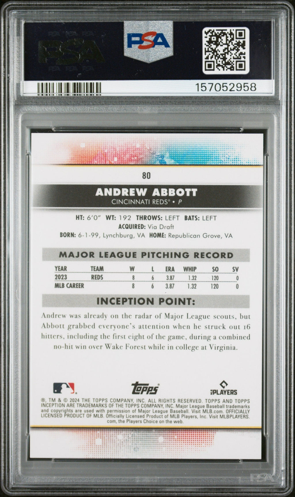 Graded 2024 Topps Inception Andrew Abbott #80 Rookie RC Baseball Card PSA 10 Gem Mint