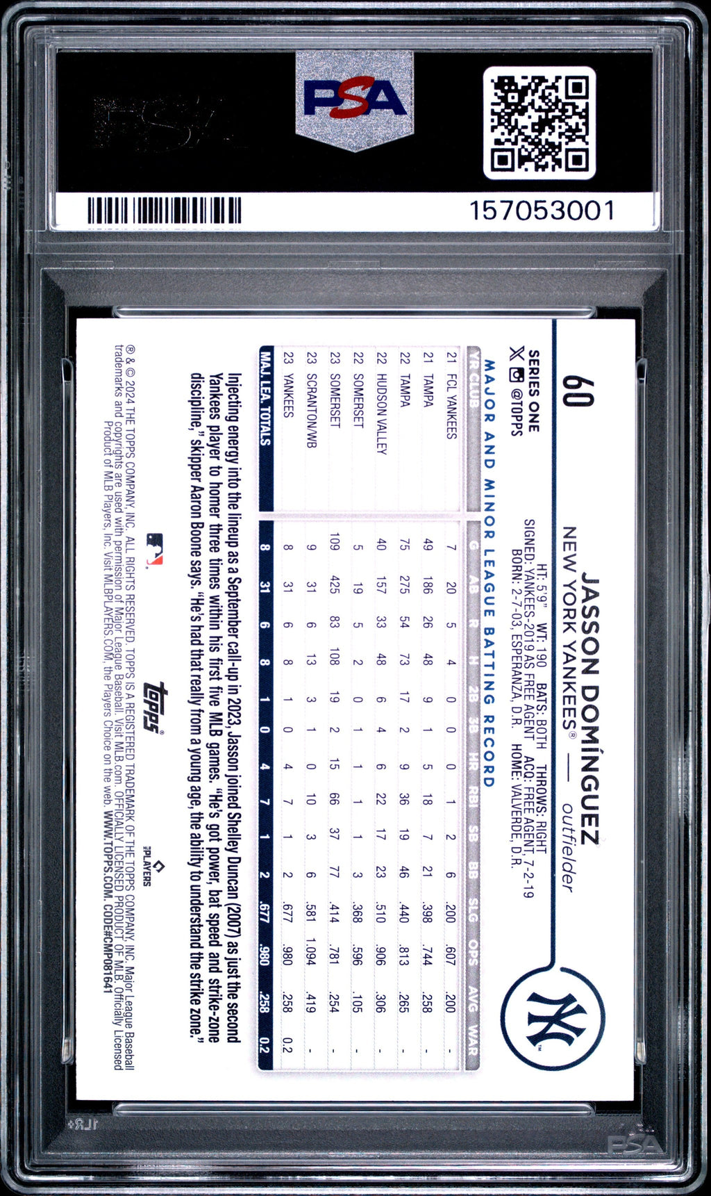 Graded 2024 Topps Jasson Dominguez #60 Holiday Rookie RC Baseball Card PSA 9 Mint