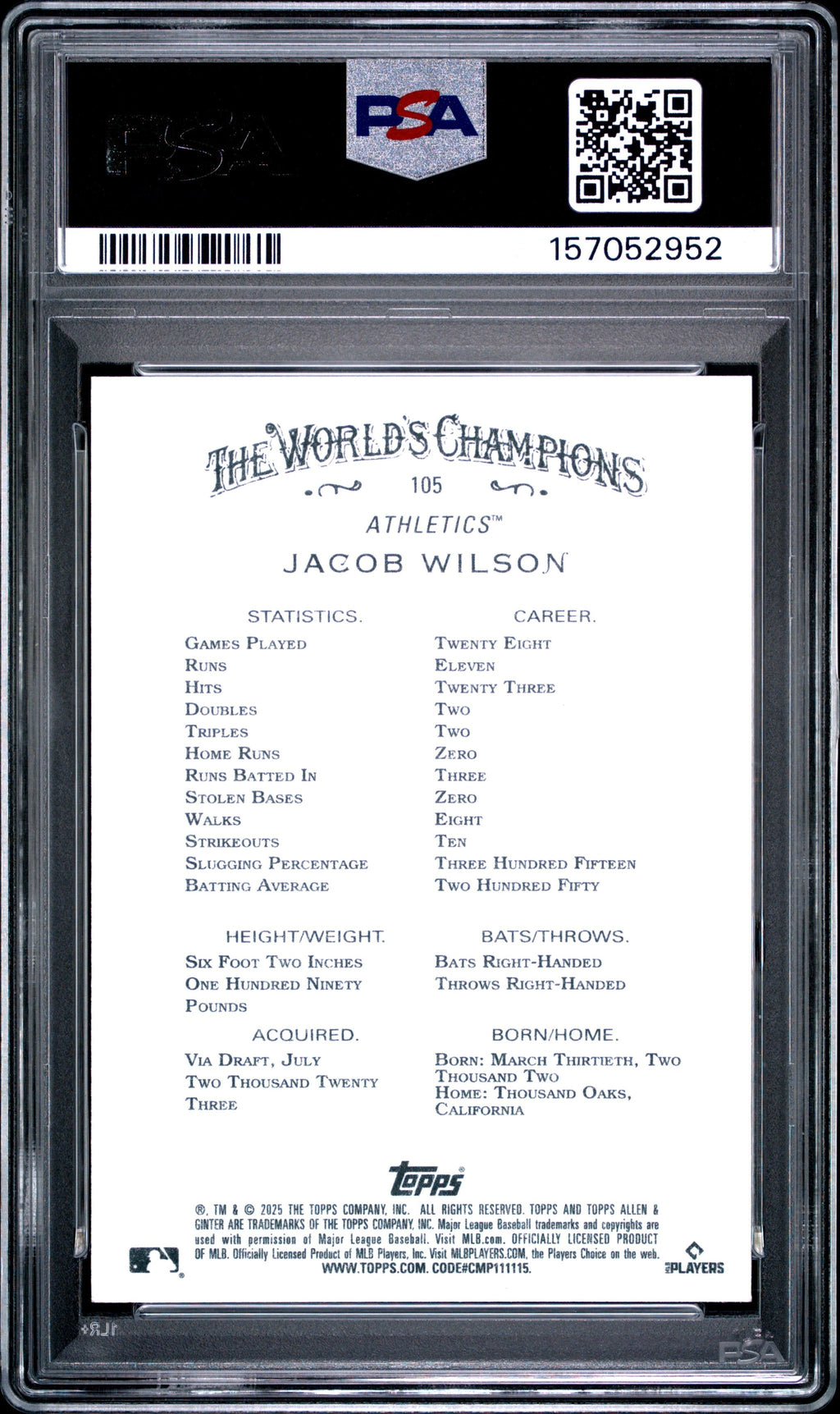 Graded 2025 Topps Allen & Ginter Jacob Wilson #105 Rookie RC Baseball Card PSA 10 Gem Mint