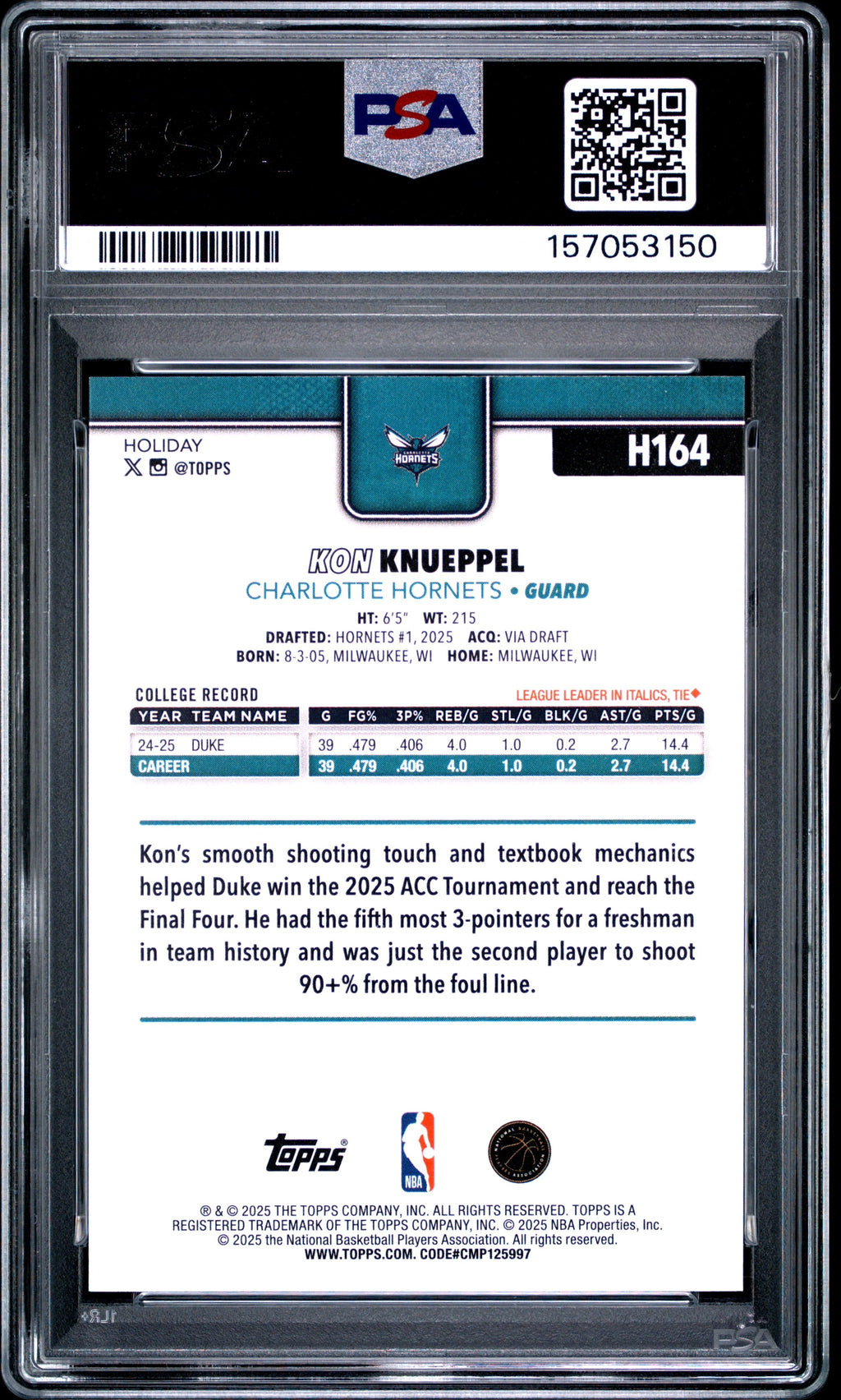 Graded 2025 Topps Holiday Kon Knueppel #H164 Rookie RC Basketball Card PSA 9 Mint